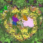 Couple spinning in heart-shaped flower arrangement in lush garden aerial view