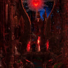 Colorful painting of heart-shaped nebula over gothic architecture.