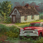 Vintage red pickup truck parked in front of quaint cottage in rustic scene