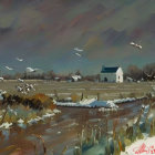 Tranquil winter scene with white farmhouse, snow patches, flying birds, and pink cloudy sky