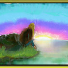 Blond person on grassy knoll with sunset lake view