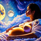 Woman resting among clouds under starry sky with moon imagery - serene celestial illustration