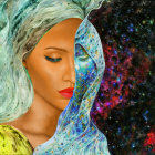 Profile of Woman with Cosmic Hair & Starry Cloak on Vibrant Background