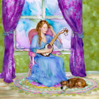 Woman in blue dress playing lute by window with sleeping dog