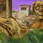 Colorful Mesoamerican painting with stone crocodile, temple, masks in jungle