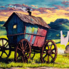 Colorful panel wooden wagon in lush field with sunset backdrop