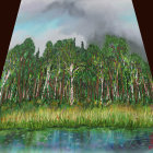 Detailed alligator on grassy riverbank with tall trees and serene waterway.