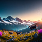 Mountain landscape at sunset: reindeer grazing, vibrant flowers, colorful sky