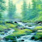 Tranquil forest stream painting with misty ambiance