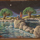 Person sitting on rock by river under starlit sky with colorful trees.