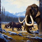 Prehistoric mammoths in snowy landscape with pine trees