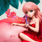 Pink-haired anime girl in red dress blowing heart-shaped bubbles on pink surface with green leaves background