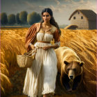 Woman in white dress walks with corn basket in cornfield alongside brown bear and barn.