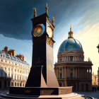 Vintage clock tower and classical architecture in plaza under dramatic sky