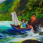 Three Children in Small Boat Navigating Choppy River Waters