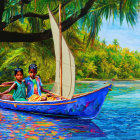 Children sailing on vibrant blue boat under palm trees in lush greenery.