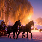 Snow-covered carriage pulled by horses near icy willow trees at sunset