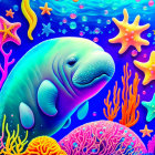 Vibrant marine illustration: Smiling manatee in coral reef scene