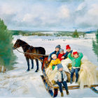 Group of people in winter clothes on horse-drawn sleigh ride in snowy landscape