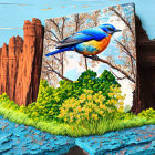 Vibrant painting: blue and orange bird on rocky landscape with clear sky