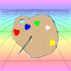 Three animated characters on wooden heart in colorful sky with hearts.