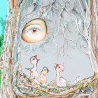 Surreal tree trunk with eye, entwined branches, and colorful birds