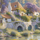 Tranquil landscape: idyllic cottage, purple wisteria, stone bridge, lush trees