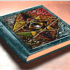 Ornate pentagram-themed hardcover book on textured surface