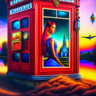 Red-haired woman in blue dress inside red phone booth with surreal sunset, church, and airplane backdrop.