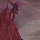 Mountain climber with flag on peak amid purple clouds