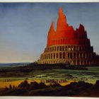 Tower of Babel painting engulfed in flames amid vast landscapes