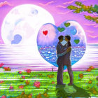 Romantic couple in dreamy landscape with heart-shaped bubble and moons