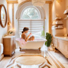 Luxurious bathroom with gold accents, chandelier, and clawfoot tub