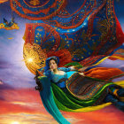 Mythological female figure in traditional attire flying with celestial ships and birds in colorful illustration