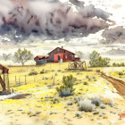 Rural landscape watercolor with red barn, oil derrick, dirt road