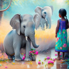 Young girl in floral dress with elephants in vibrant landscape