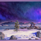 Winter landscape painting with aurora night sky, pine tree, snow, mountains, and inuks