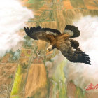 Majestic eagle flying over patchwork landscape