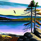 Serene lake landscape with lone tree, eagles, and colorful skies