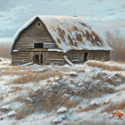 Snow-covered rustic barn in wintry field with dilapidated fence and orange vegetation.