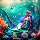 Colorful Mermaid Illustration Among Coral and Fish