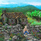 Child sitting by stone cottage in garden with mountain view