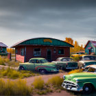 Rusty cars at abandoned gas station in tall grass field