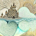 Detailed Artwork: Whimsical Castles, Textured Hearts, Waves in Pastel Palette