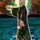 Vibrant person in multicolored robe with glowing orb against cosmic backdrop