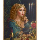 Blond woman in medieval attire with golden crown, surrounded by candles, roses, and cherries