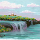 Scenic acrylic painting of green hill, waterfall, sea, pastel sky, and castle silhouette