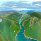 Scenic panorama of lush valley with river, paraglider, and waterfall