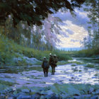 Two people in hats walking in shallow stream under purple-tinted sky