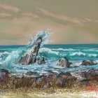 Rocky Shore Painting with Crashing Waves and Cloudy Sky